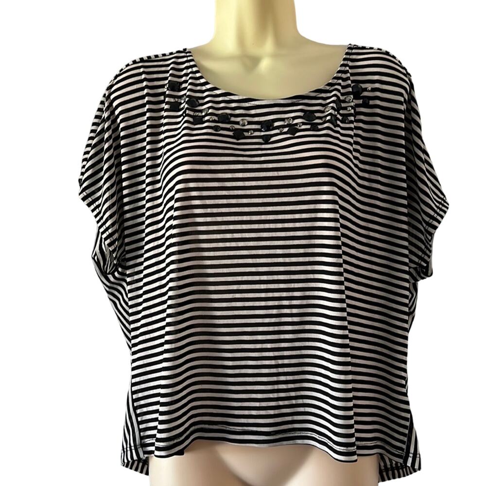 Charlotte Russe Size L Black & White Striped Embellished Knit Blouse Y2K